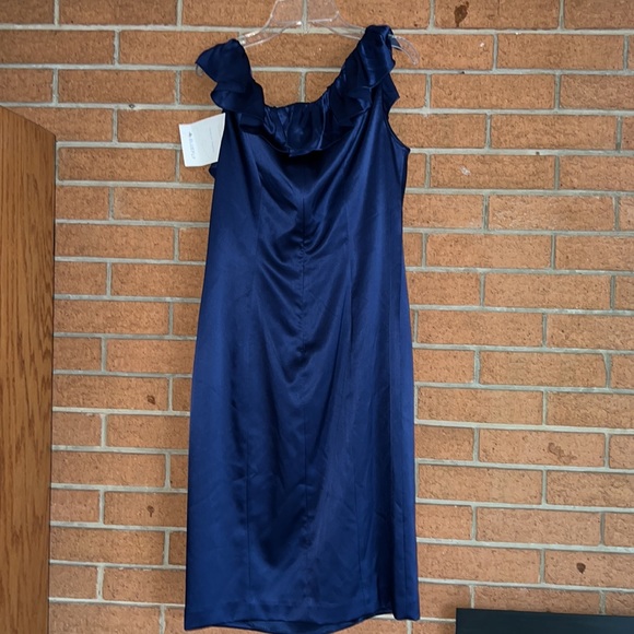 💙MARC BOUWER GLAMIT💙SILK RUFFLE SHIFT COCKTAIL DRESS IN NAVY BLUE💙 - Picture 9 of 10